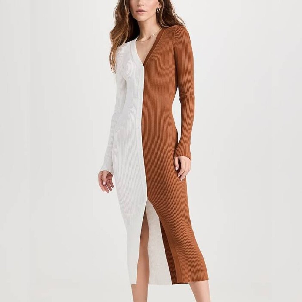 STAUD Shoko Tan & White Colourblock Sweater Dress